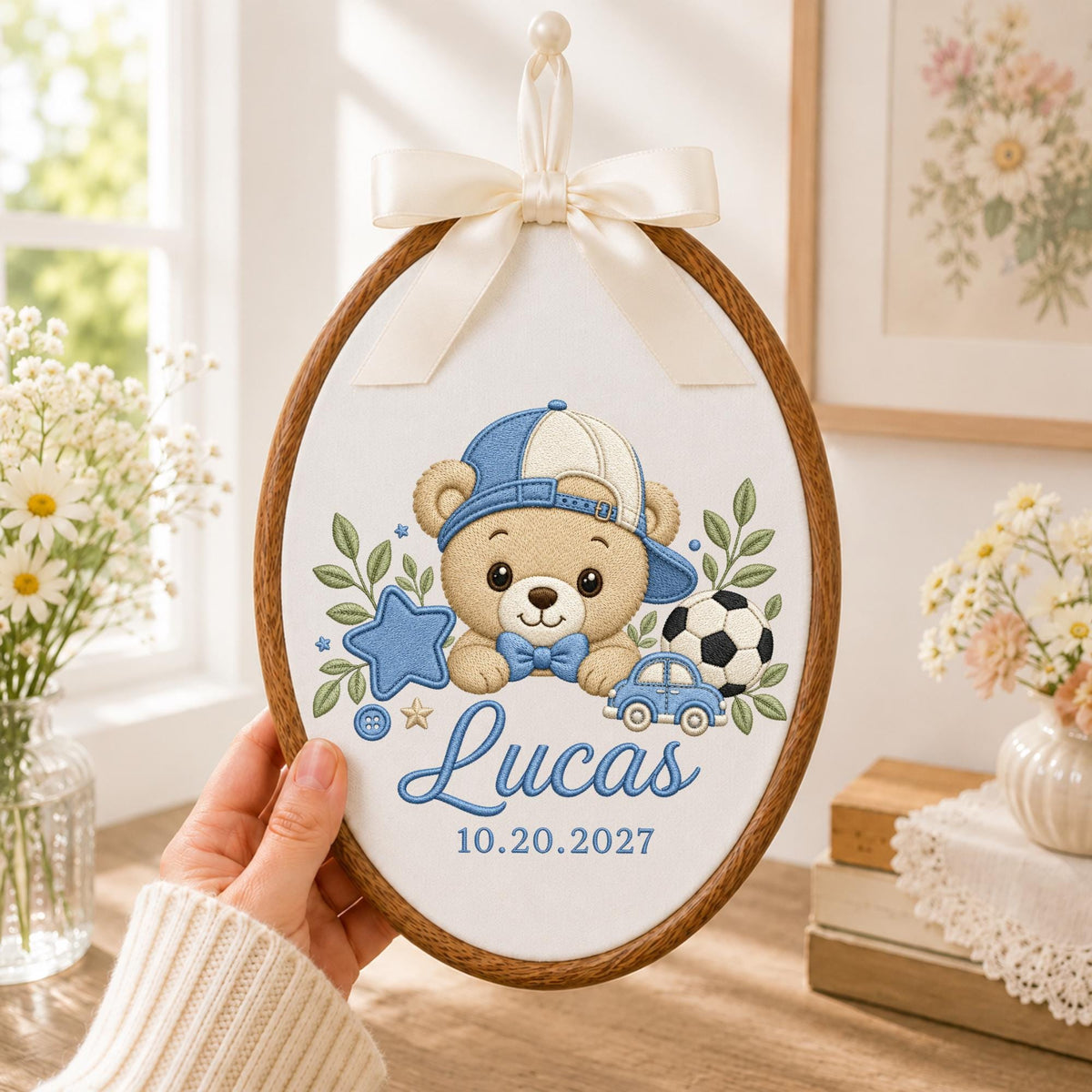 Personalized Baby Boy Embroidered Ornament, Custom Teddy Bear Name Hoop, Sports Nursery Decor, Baby Name Keepsake, Newborn Boy Gift