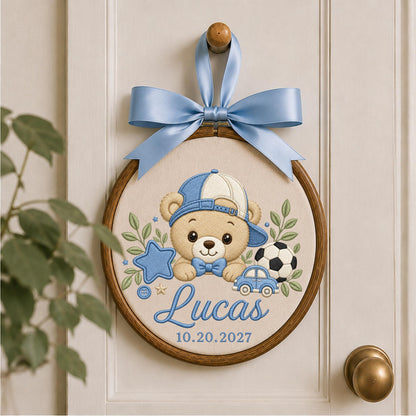 Personalized Baby Boy Embroidered Ornament, Custom Teddy Bear Name Hoop, Sports Nursery Decor, Baby Name Keepsake, Newborn Boy Gift