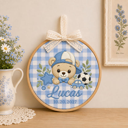 Personalized Baby Boy Embroidered Ornament, Custom Teddy Bear Name Hoop, Sports Nursery Decor, Baby Name Keepsake, Newborn Boy Gift