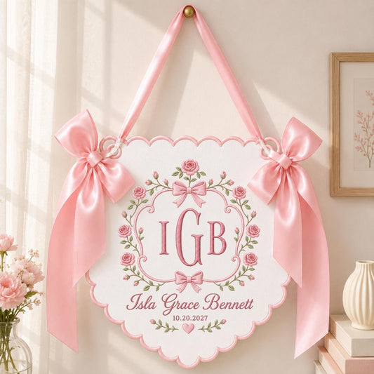 May include: A white scalloped wall hanging featuring pink embroidered roses, a central monogram with the letters IGB, and the text Isla Grace Bennett 10.20.2027. The piece is suspended by a pink satin ribbon and adorned with two large pink satin bows.
