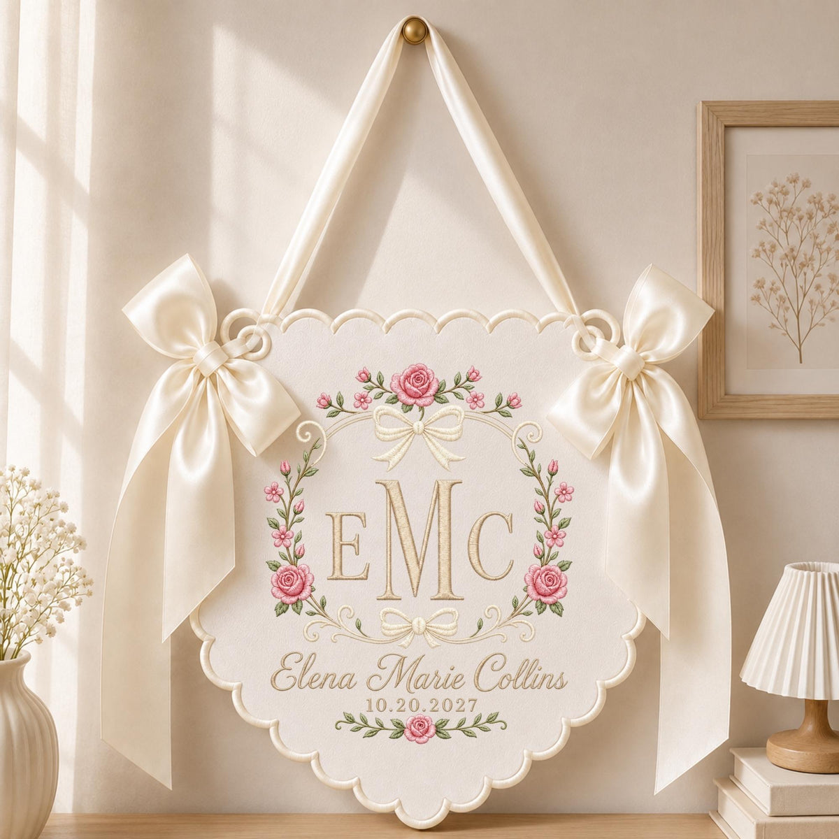 May include: A cream-colored scalloped wall hanging featuring a gold embroidered monogram EMC, pink rose floral accents, and two cream satin bows. The text reads Elena Marie Collins and 10.20.2027, suspended by a matching cream satin ribbon.