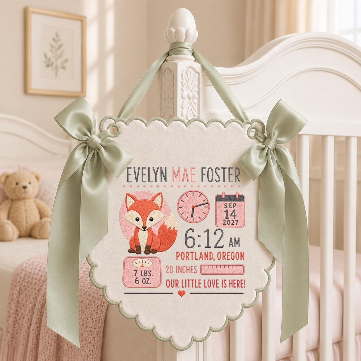 May include: A cream-colored fabric pennant with scalloped edges and sage green ribbon bows. It features a fox illustration, a clock, a calendar showing Sep 14 2027, and text: Evelyn Mae Foster, 6:12 AM, Portland, Oregon, 7 lbs. 6 oz., 20 inches.