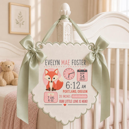 May include: A cream-colored fabric pennant with scalloped edges and sage green ribbon bows. It features a fox illustration, a clock, a calendar showing Sep 14 2027, and text: Evelyn Mae Foster, 6:12 AM, Portland, Oregon, 7 lbs. 6 oz., 20 inches.