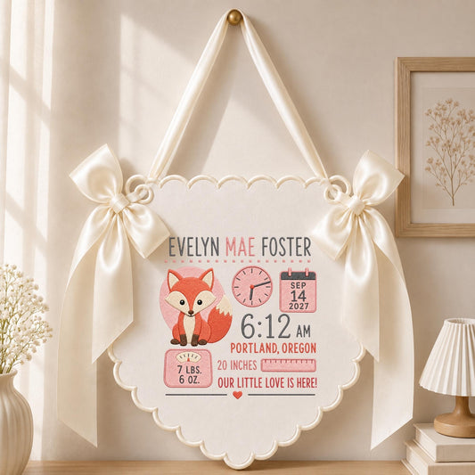 May include: A cream-colored fabric wall hanging with scalloped edges and two large satin bows. It features a fox illustration, a clock, a calendar showing Sep 14 2027, the name Evelyn Mae Foster, 6:12 AM, Portland, Oregon, 7 lbs. 6 oz., and 20 inches.