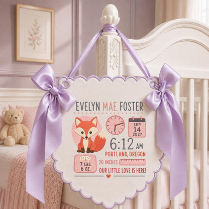 May include: A white scalloped wall hanging featuring a fox illustration, the name Evelyn Mae Foster, a clock showing 6:12, a calendar date of Sep 14 2027, Portland Oregon, 7 lbs 6 oz, 20 inches, and the text Our Little Love Is Here, with lavender ribbons.