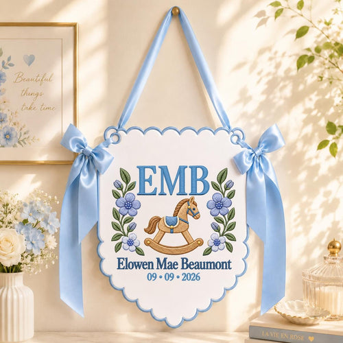 Personalized Baby Monogram Scalloped Banner Decor, Custom Embroidered Name Date EMB Initial Rocking Horse Sign, Hospital Door Hanger