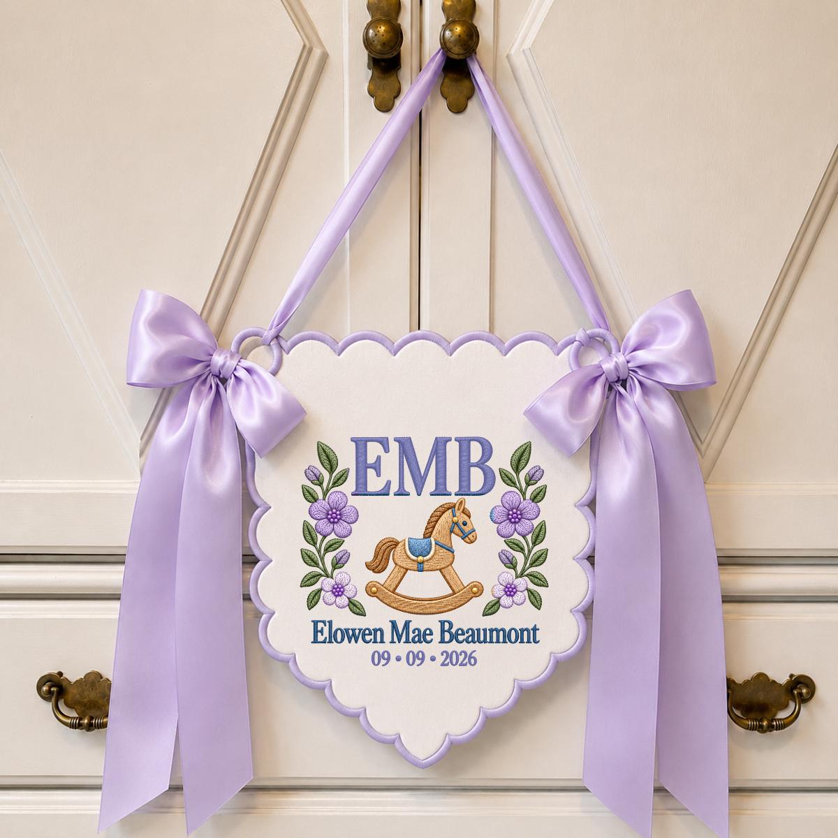 Personalized Baby Monogram Scalloped Banner Decor, Custom Embroidered Name Date EMB Initial Rocking Horse Sign, Hospital Door Hanger