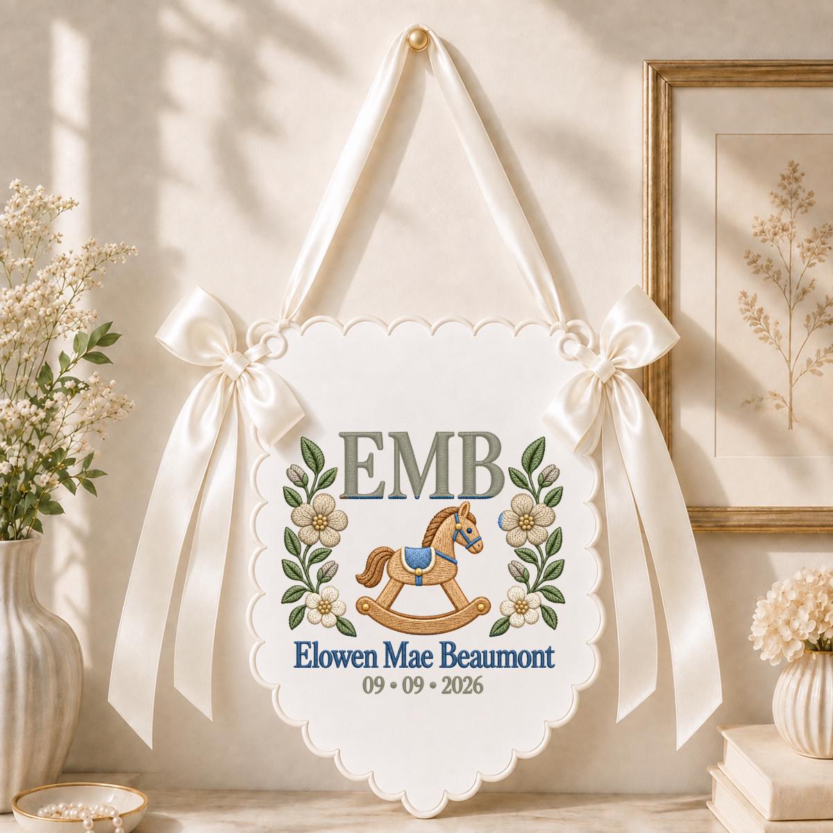 Personalized Baby Monogram Scalloped Banner Decor, Custom Embroidered Name Date EMB Initial Rocking Horse Sign, Hospital Door Hanger