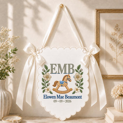Personalized Baby Monogram Scalloped Banner Decor, Custom Embroidered Name Date EMB Initial Rocking Horse Sign, Hospital Door Hanger