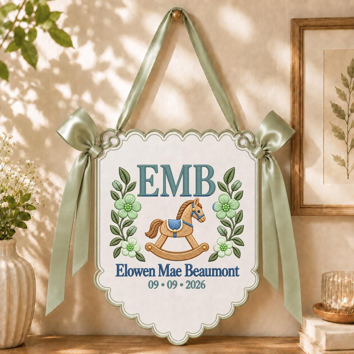 Personalized Baby Monogram Scalloped Banner Decor, Custom Embroidered Name Date EMB Initial Rocking Horse Sign, Hospital Door Hanger