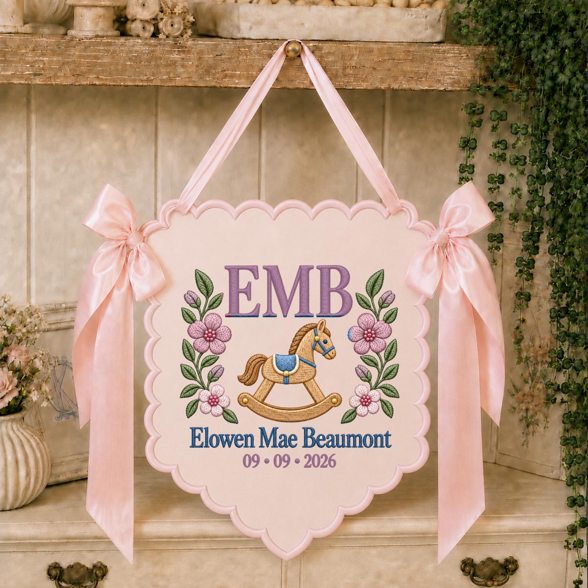 Personalized Baby Monogram Scalloped Banner Decor, Custom Embroidered Name Date EMB Initial Rocking Horse Sign, Hospital Door Hanger