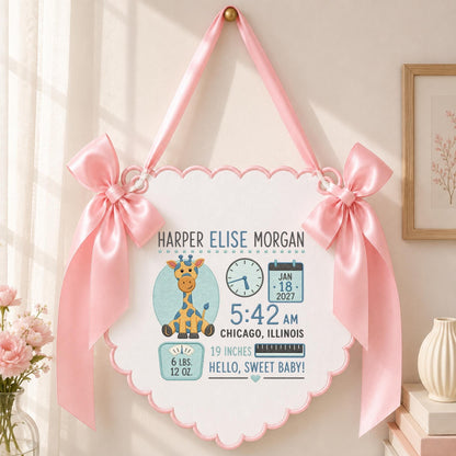 May include: A white scalloped wall hanging featuring a cartoon giraffe, a clock showing 5:42, a calendar marked Jan 18 2027, and text reading Harper Elise Morgan, Chicago, Illinois, 19 inches, 6 lbs. 12 oz., and Hello, Sweet Baby, with pink satin bows.