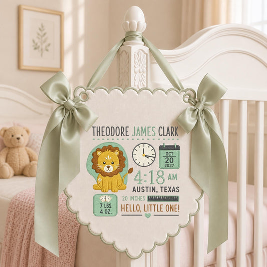 May include: A scalloped-edge fabric birth announcement banner featuring a lion illustration, a clock, a calendar showing Oct 20 2027, and text including Theodore James Clark, 4:18 AM, Austin, Texas, 20 inches, 7 lbs. 4 oz., and Hello, Little One!