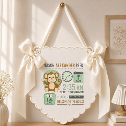 May include: A cream-colored scalloped wall hanging with two satin bows, featuring a brown monkey illustration and text: MASON ALEXANDER REED, DEC 6 2027, 2:35 AM, SEATTLE, WASHINGTON, 21 INCHES, 8 LBS. 2 OZ., and WELCOME TO THE WORLD!