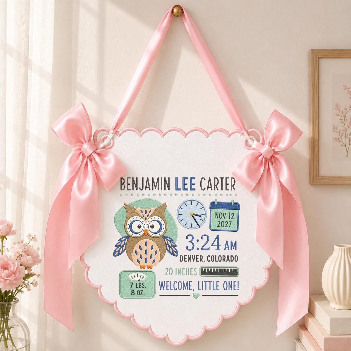 May include: A white scalloped wall hanging featuring a brown owl illustration, a clock, a calendar showing Nov 12 2027, and text including Benjamin Lee Carter, 3:24 AM, Denver, Colorado, 20 inches, 7 lbs 8 oz, and Welcome, Little One, with pink satin bows.
