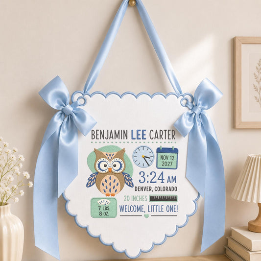 May include: A white scalloped wall hanging with light blue trim and satin bows, featuring an embroidered brown owl, a clock, a calendar showing Nov 12 2027, a scale reading 7 lbs. 8 oz., a ruler showing 20 inches, and the text Benjamin Lee Carter.