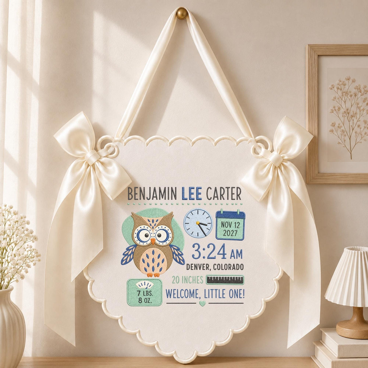 May include: A cream-colored scalloped wall hanging featuring a brown owl illustration, a clock, a calendar showing Nov 12 2027, and text reading Benjamin Lee Carter, 3:24 AM, Denver, Colorado, 20 inches, and 7 lbs. 8 oz. with satin ribbon bows.