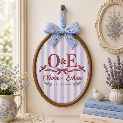 Personalized Wedding Oval Hoop Art, Custom Name Olivia Ethan Embroidered Lovebirds Ribbon Couple Wall Hanging Keepsake Gift