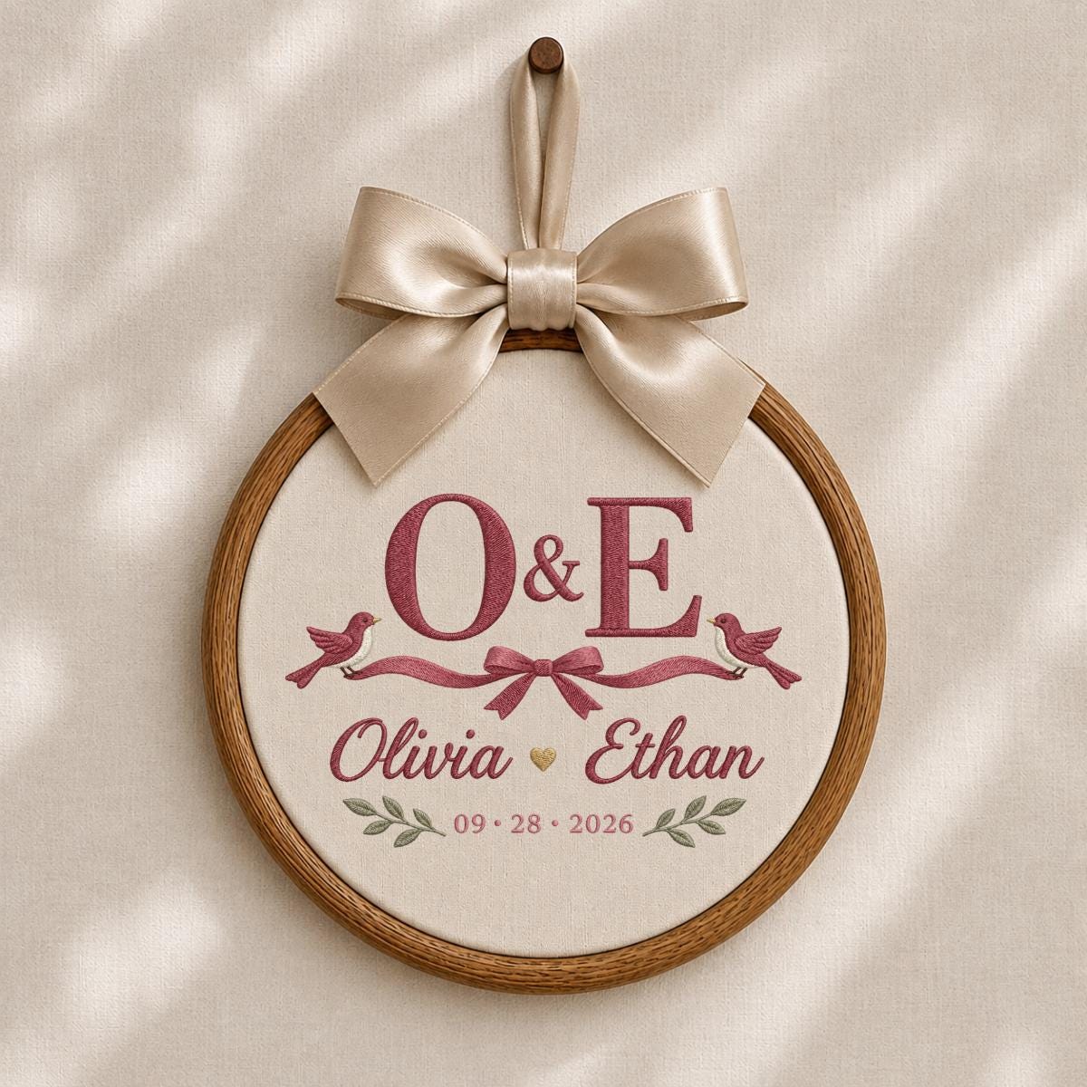 Personalized Wedding Oval Hoop Art, Custom Name Olivia Ethan Embroidered Lovebirds Ribbon Couple Wall Hanging Keepsake Gift