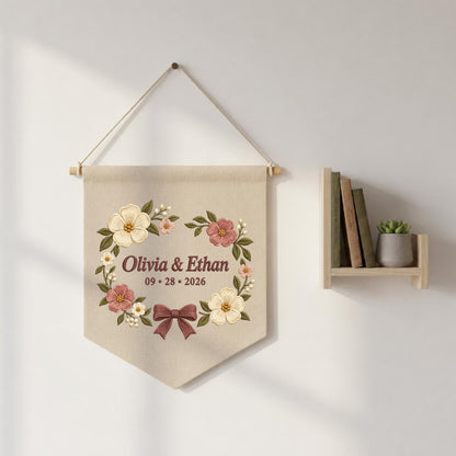 Personalized Anniversary Floral Canvas Pennant Decor, Custom Embroidered Couple Name Date Bow Flower Wreath Wall Hanging Sign