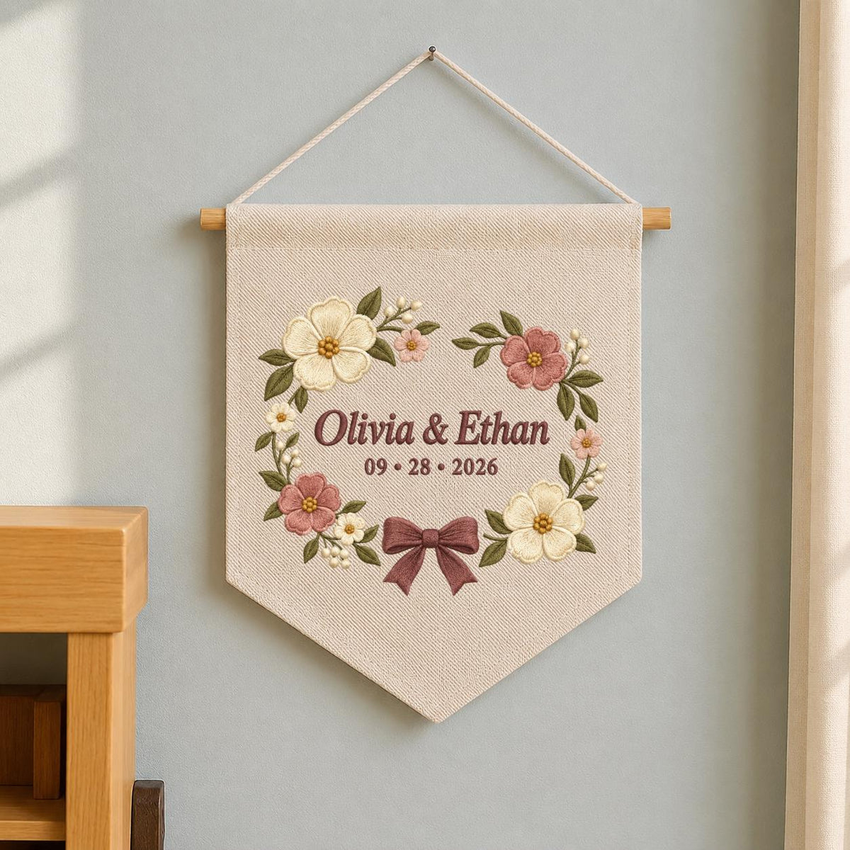 Personalized Anniversary Floral Canvas Pennant Decor, Custom Embroidered Couple Name Date Bow Flower Wreath Wall Hanging Sign
