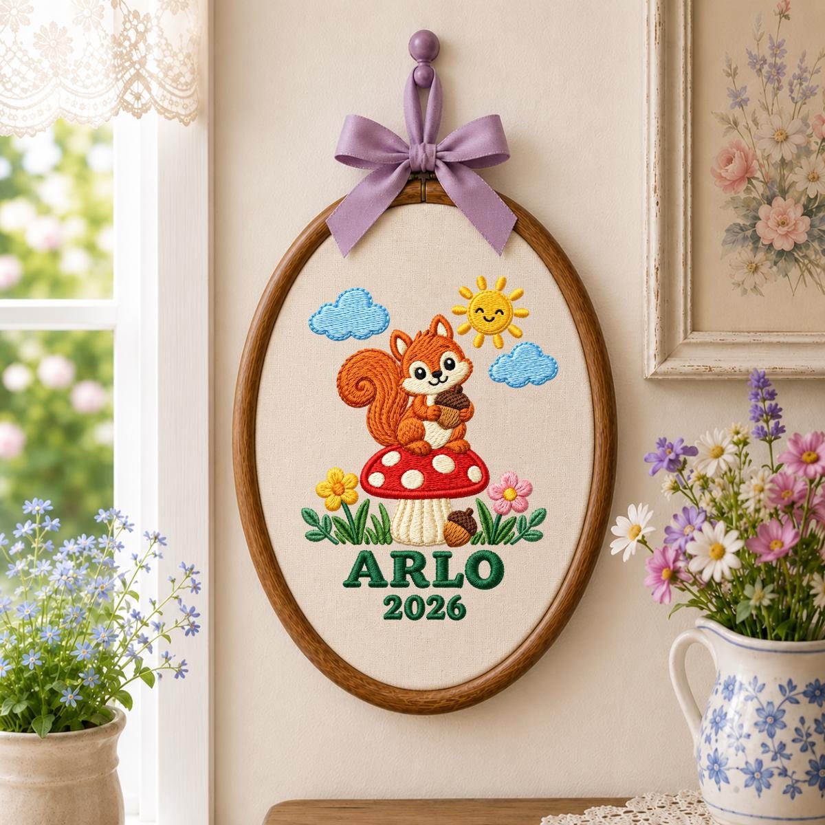 Personalized Woodland Animal Canvas Hoop Decor, Custom Embroidered Arlo Name Date Squirrel Mushroom Sign, Baby Keepsake Birthday Gift