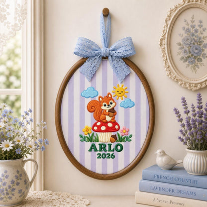Personalized Woodland Animal Canvas Hoop Decor, Custom Embroidered Arlo Name Date Squirrel Mushroom Sign, Baby Keepsake Birthday Gift