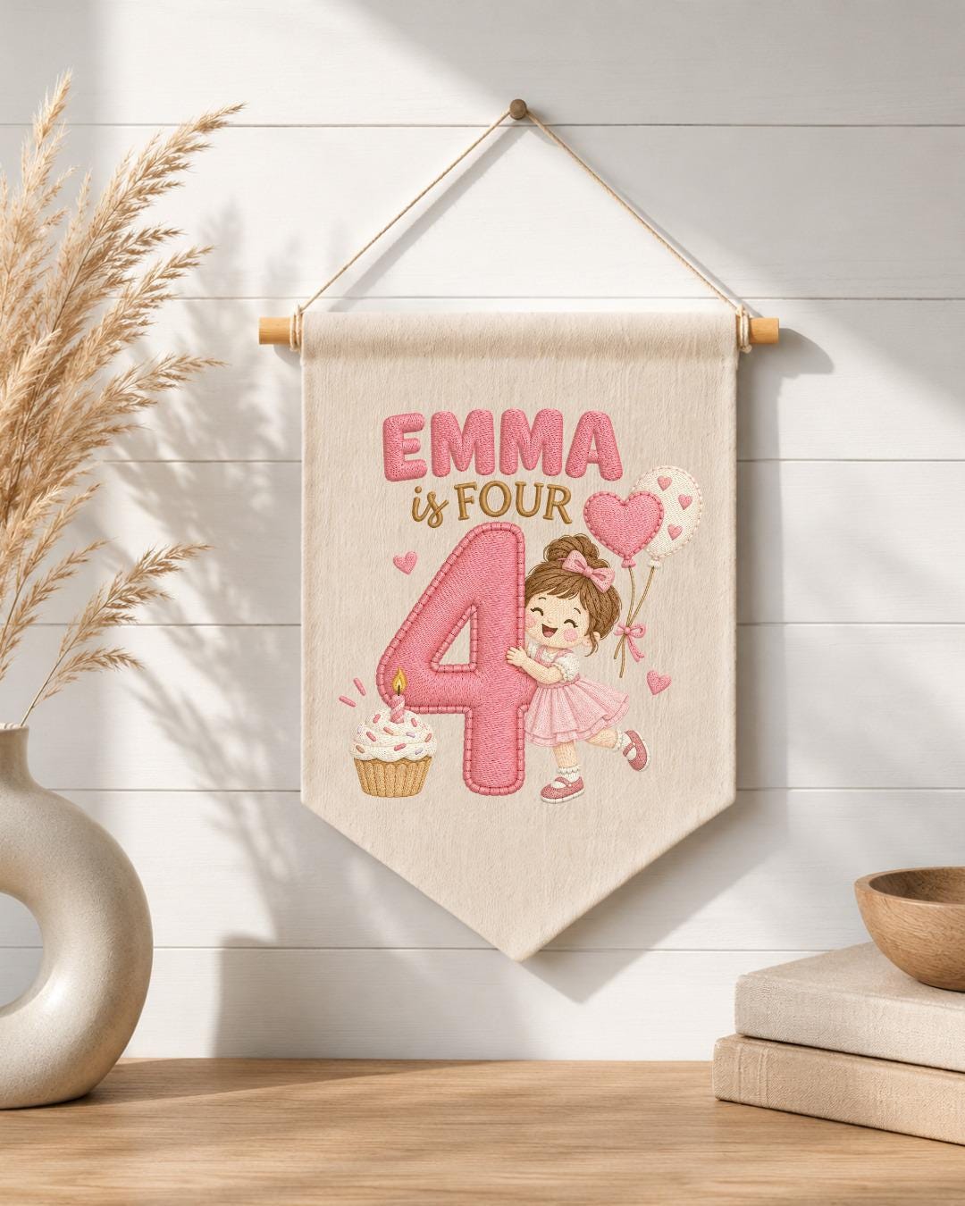 Personalized 4th Birthday Girl Embroidered Banner, Custom Name Birthday Wall Hanging, Number 4 Party Decor, Pink Birthday Gift