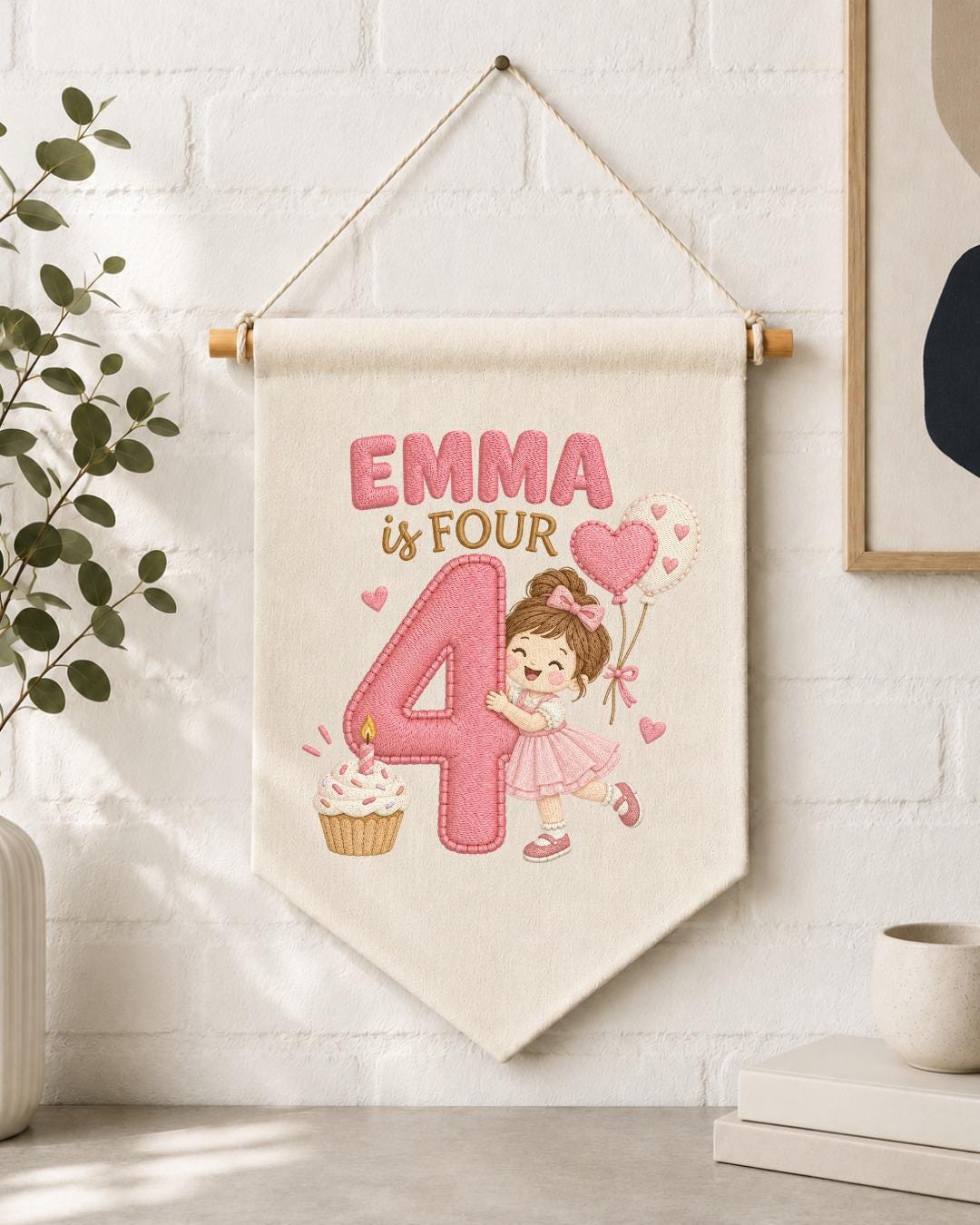 Personalized 4th Birthday Girl Embroidered Banner, Custom Name Birthday Wall Hanging, Number 4 Party Decor, Pink Birthday Gift
