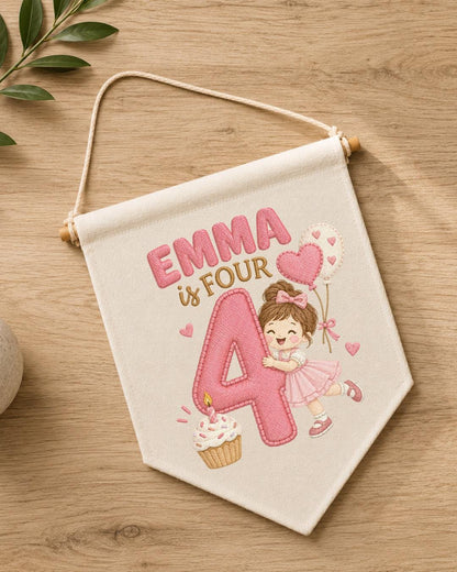 Personalized 4th Birthday Girl Embroidered Banner, Custom Name Birthday Wall Hanging, Number 4 Party Decor, Pink Birthday Gift