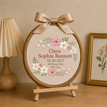 Personalized Baby Birth Embroidered Ornament, Custom Baby Name Birth Stats Keepsake, Floral Newborn Announcement, Baby Girl Nursery Gift
