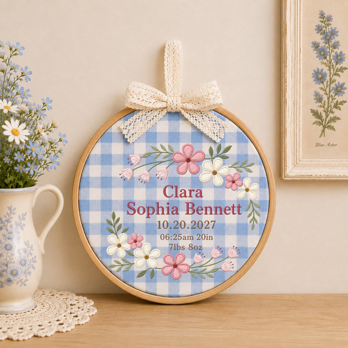 Personalized Baby Birth Embroidered Ornament, Custom Baby Name Birth Stats Keepsake, Floral Newborn Announcement, Baby Girl Nursery Gift