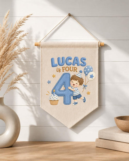 Personalized 4th Birthday Boy Embroidered Banner, Custom Name Birthday Wall Hanging, Number 4 Party Decor, Blue Birthday Gift