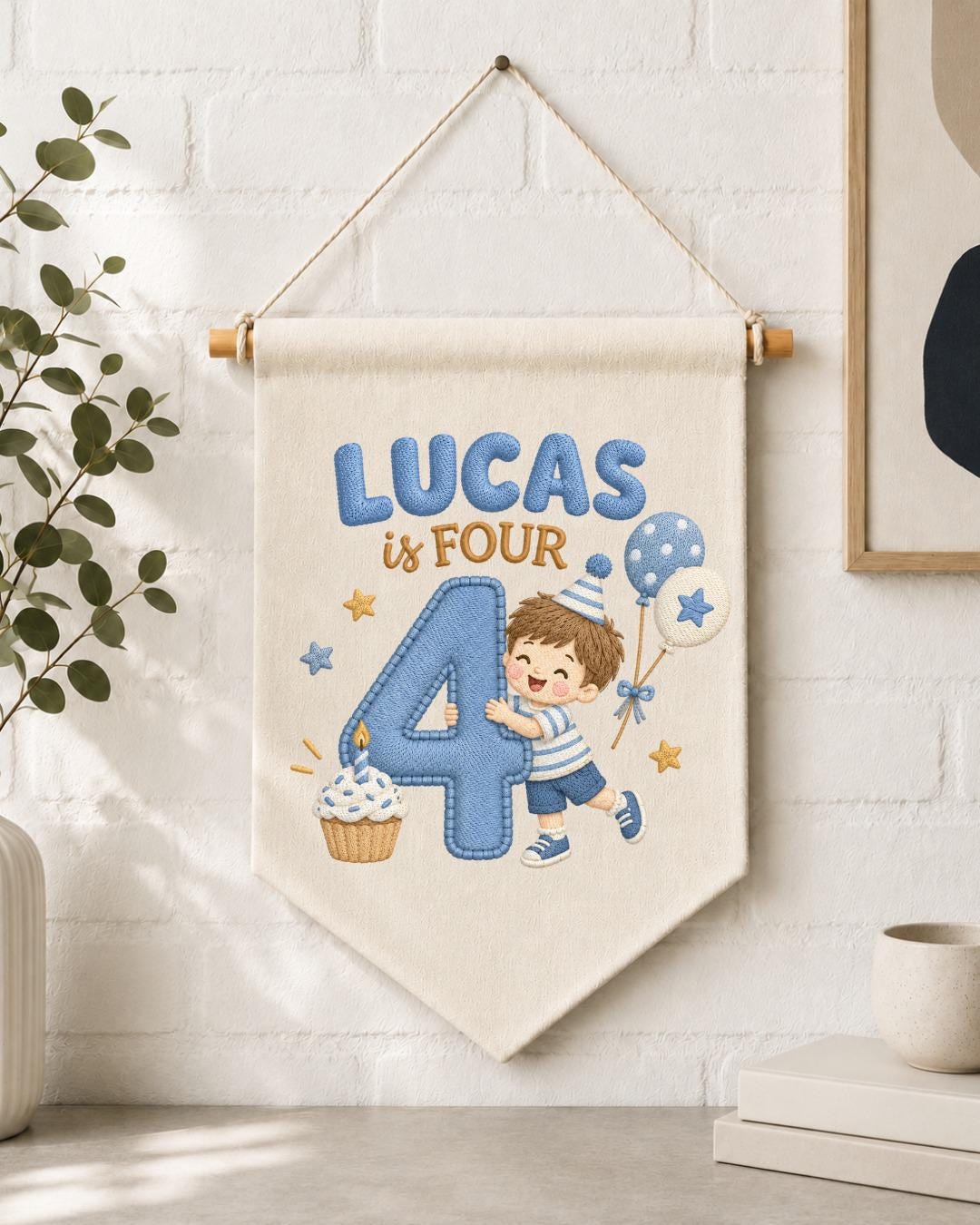 Personalized 4th Birthday Boy Embroidered Banner, Custom Name Birthday Wall Hanging, Number 4 Party Decor, Blue Birthday Gift