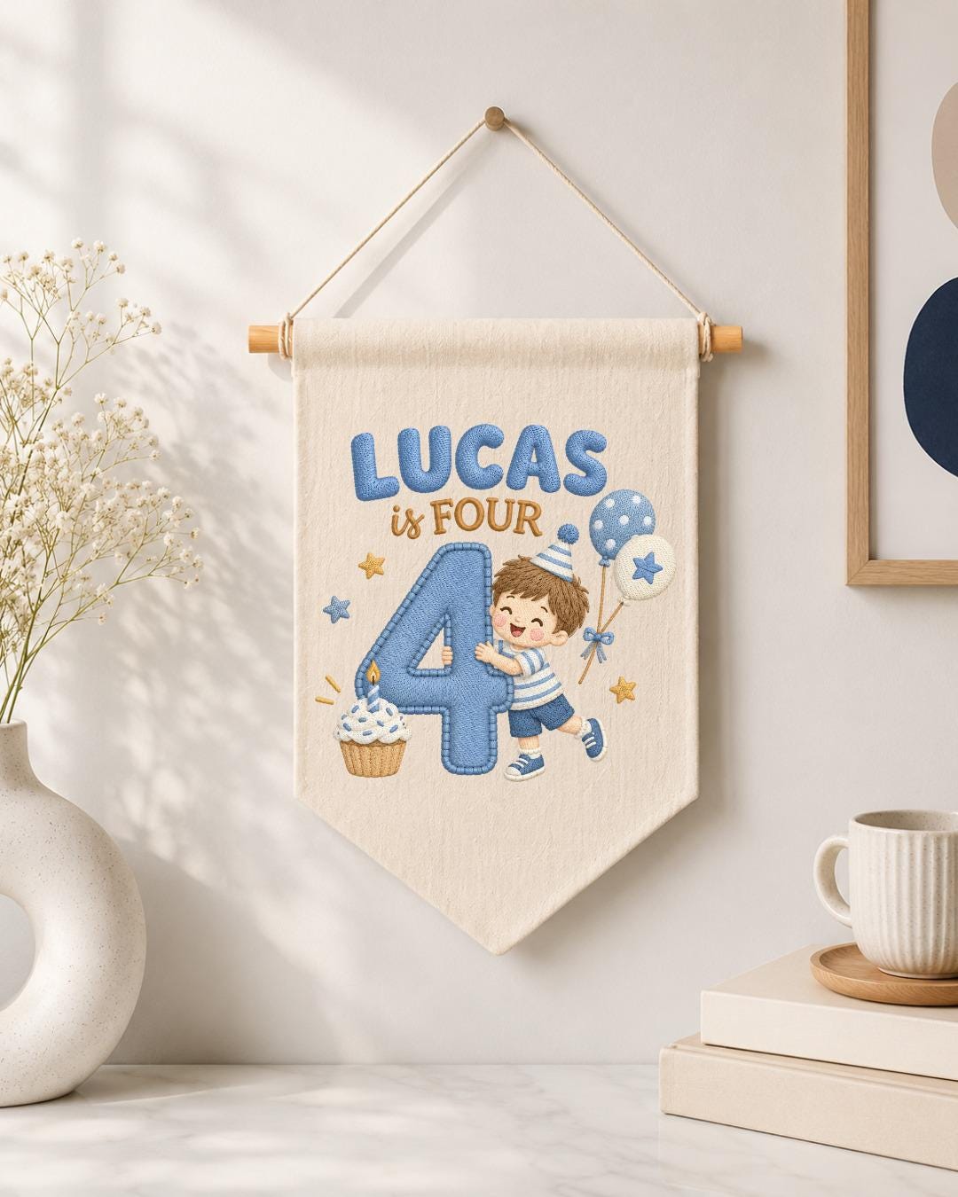 Personalized 4th Birthday Boy Embroidered Banner, Custom Name Birthday Wall Hanging, Number 4 Party Decor, Blue Birthday Gift