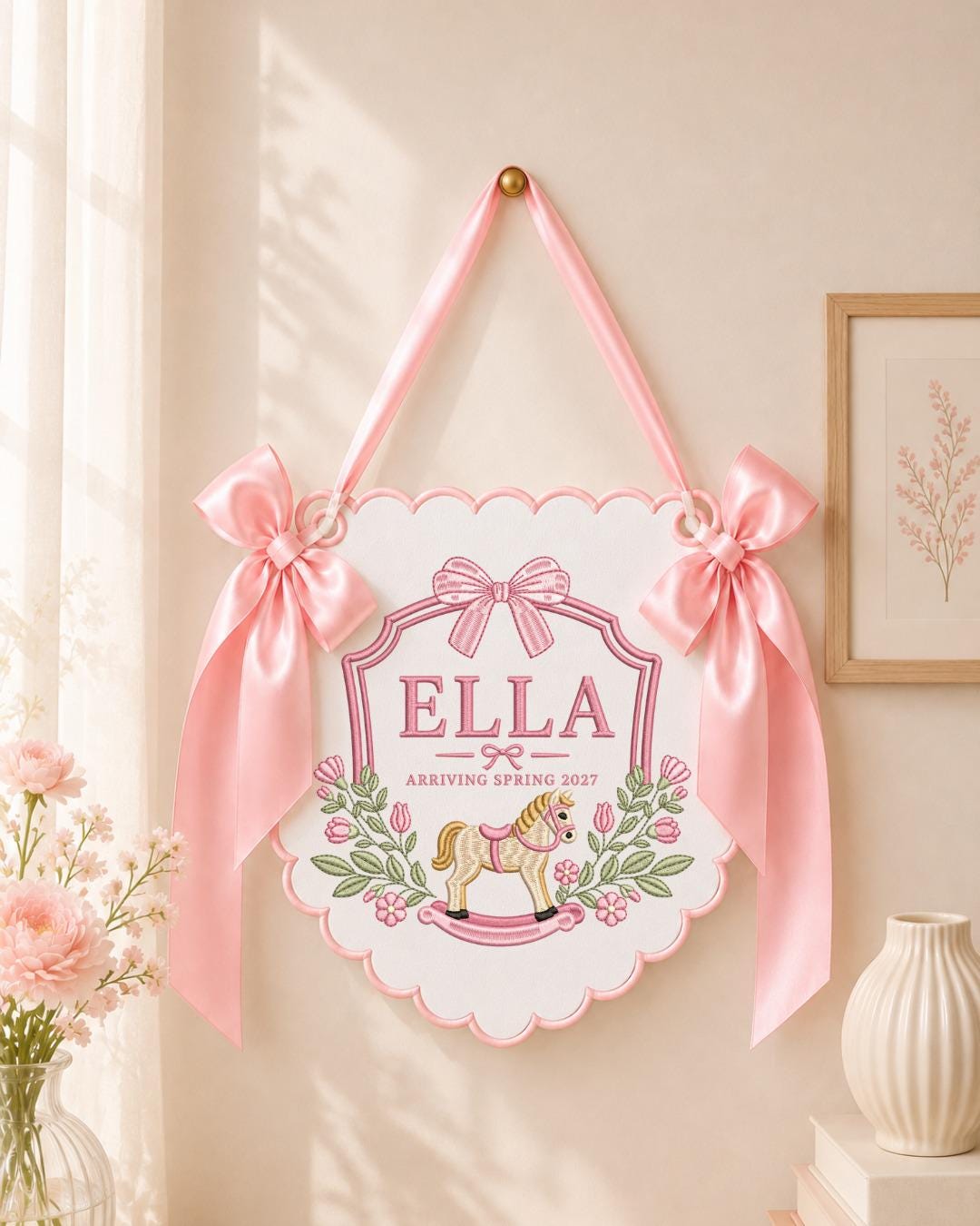 Personalized Embroidered Baby Announcement Banner, Custom Baby Name Sign, Rocking Horse Nursery Decor, Baby Boy Wall Hanging, Newborn Gift