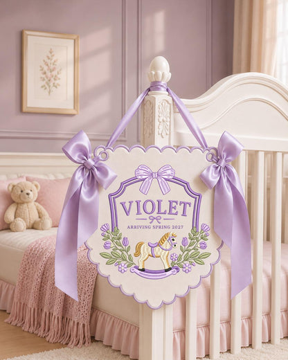 Personalized Embroidered Baby Announcement Banner, Custom Baby Name Sign, Rocking Horse Nursery Decor, Baby Boy Wall Hanging, Newborn Gift