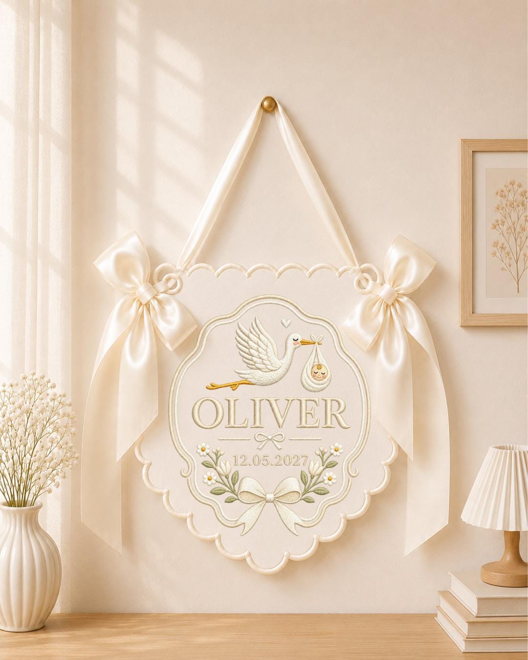 Personalized Embroidered Baby Announcement Banner, Custom Stork Baby Name Sign, Baby Girl Nursery Wall Decor, Newborn Keepsake Gift