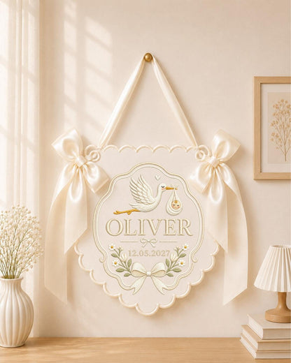 Personalized Embroidered Baby Announcement Banner, Custom Stork Baby Name Sign, Baby Girl Nursery Wall Decor, Newborn Keepsake Gift