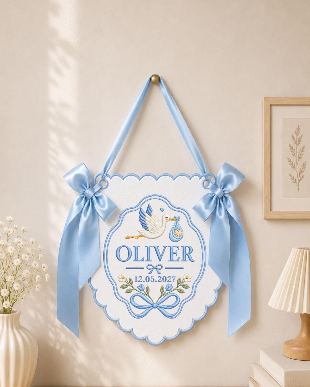 Personalized Embroidered Baby Announcement Banner, Custom Stork Baby Name Sign, Baby Girl Nursery Wall Decor, Newborn Keepsake Gift