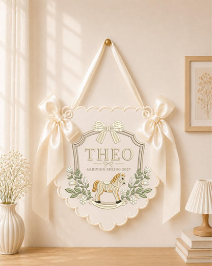 Personalized Embroidered Baby Announcement Banner, Custom Baby Name Sign, Rocking Horse Nursery Decor, Baby Boy Wall Hanging, Newborn Gift