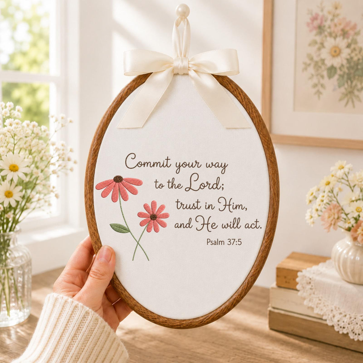 Personalized Bible Verse Embroidered Ornament, Psalm 37:5 Christian Faith Decor, Floral Scripture Keepsake, Religious Gift for Her