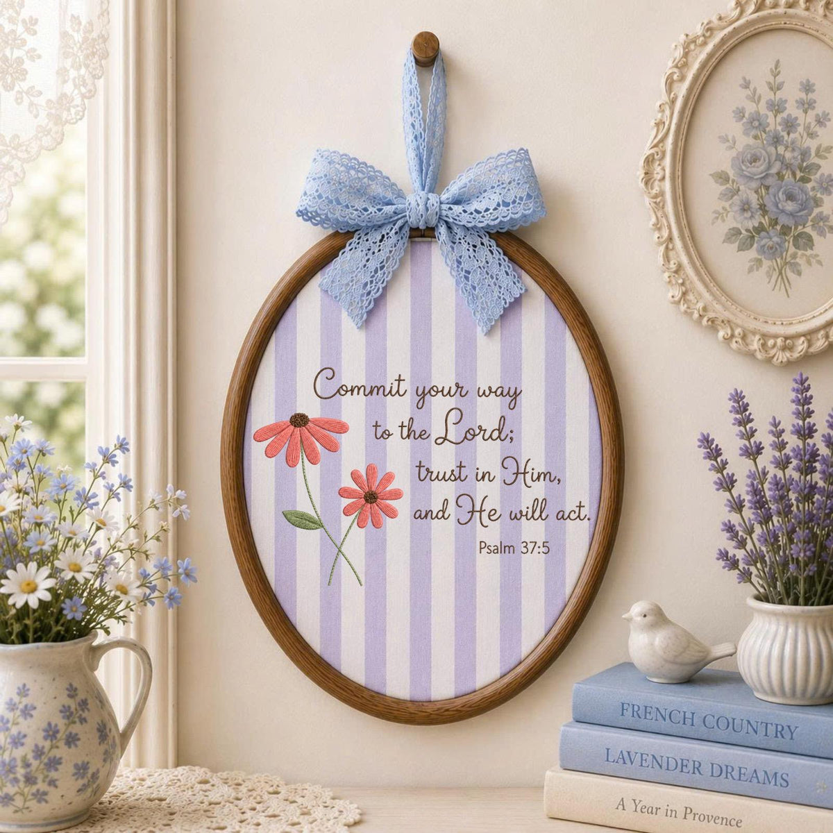 Personalized Bible Verse Embroidered Ornament, Psalm 37:5 Christian Faith Decor, Floral Scripture Keepsake, Religious Gift for Her
