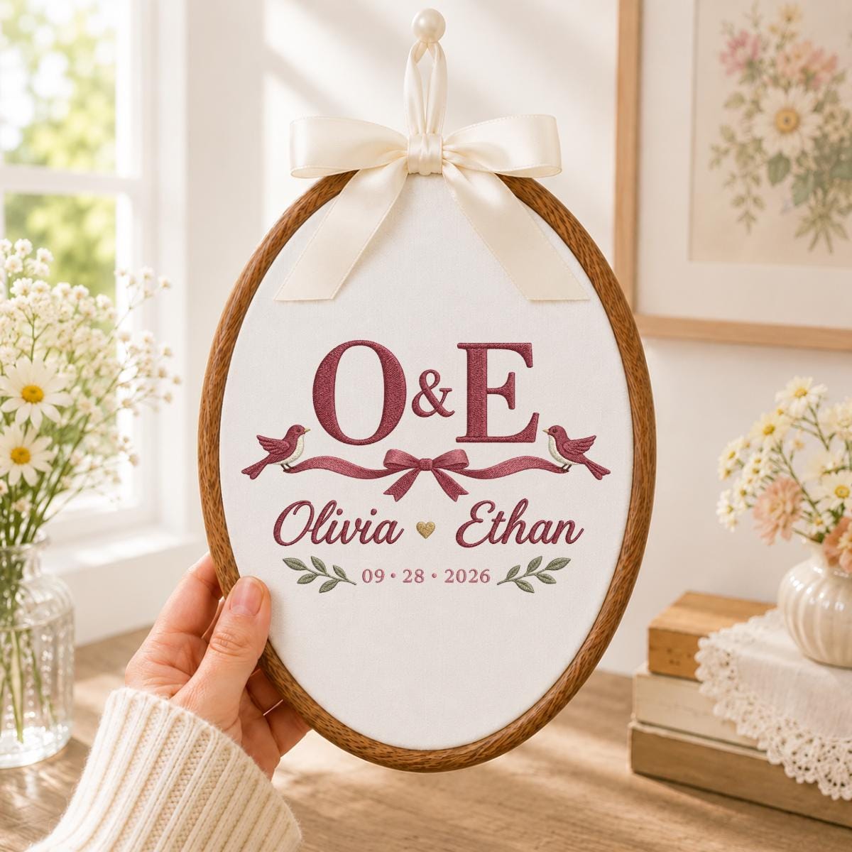 Personalized Wedding Oval Hoop Art, Custom Name Olivia Ethan Embroidered Lovebirds Ribbon Couple Wall Hanging Keepsake Gift