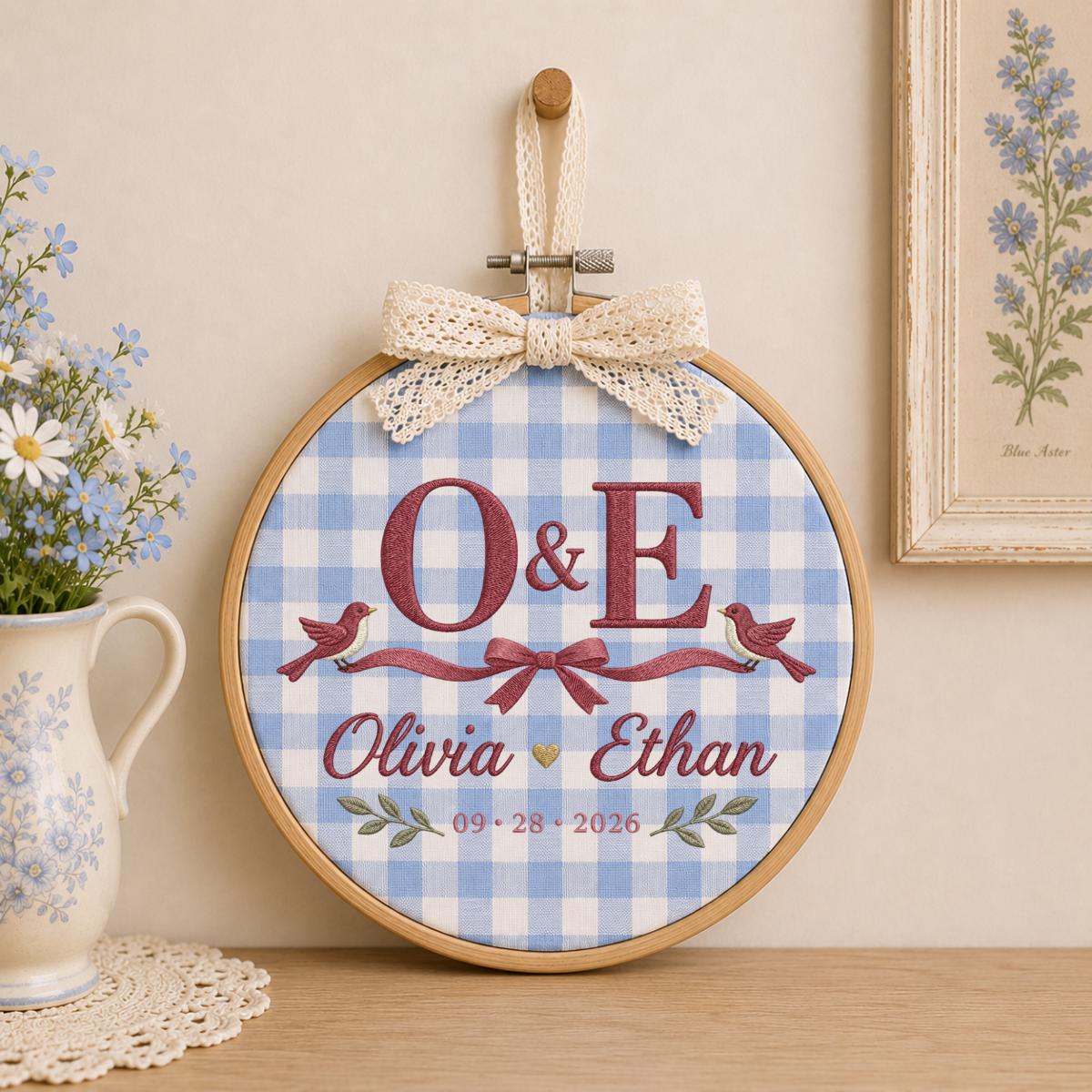 Personalized Wedding Oval Hoop Art, Custom Name Olivia Ethan Embroidered Lovebirds Ribbon Couple Wall Hanging Keepsake Gift