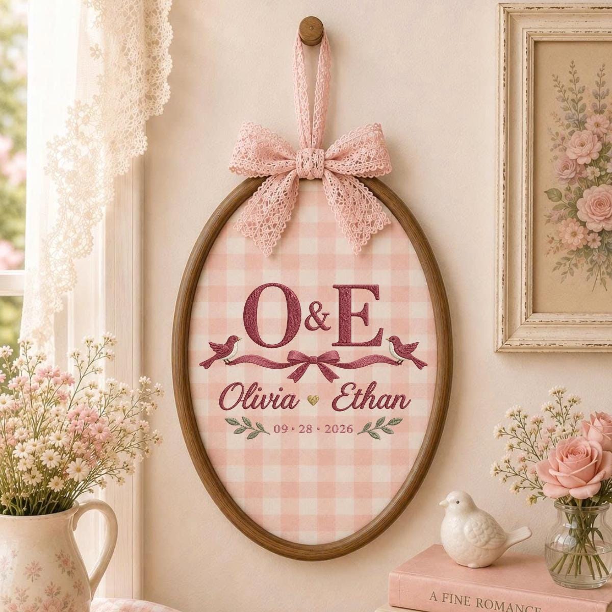 Personalized Wedding Oval Hoop Art, Custom Name Olivia Ethan Embroidered Lovebirds Ribbon Couple Wall Hanging Keepsake Gift