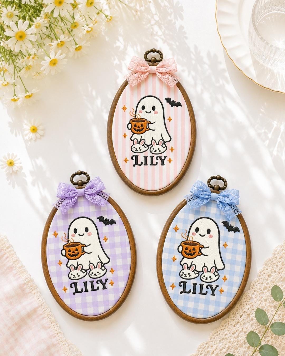 Personalized Halloween Ghost Embroidered Ornament, Custom Kids Name Hoop, Cute Ghost Halloween Decor, Trick or Treat Gift