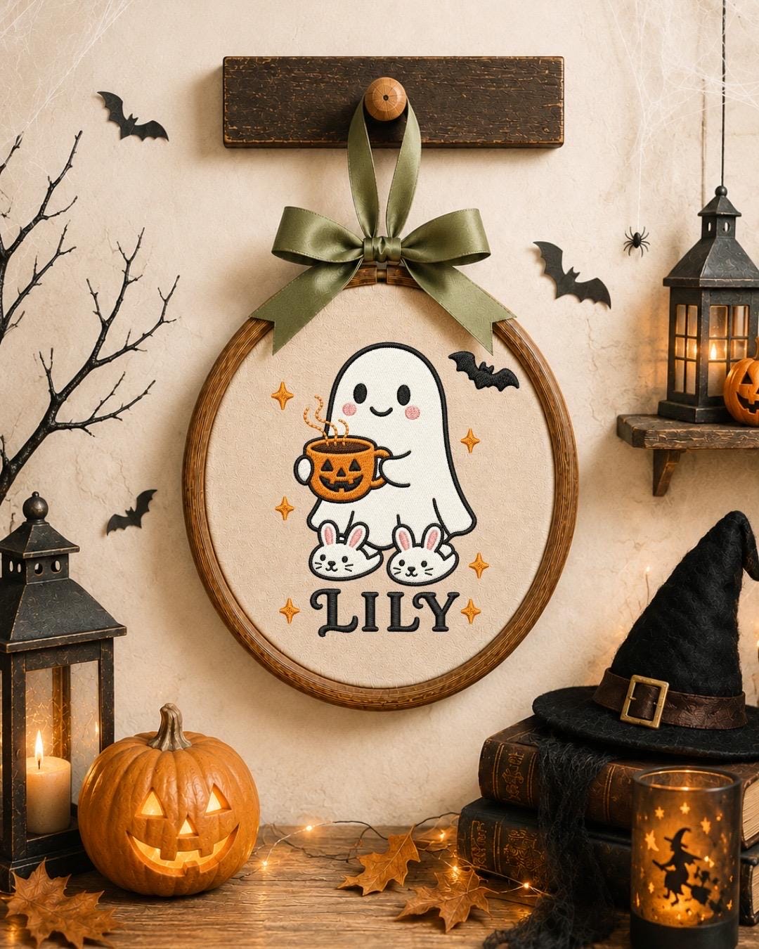 Personalized Halloween Ghost Embroidered Ornament, Custom Kids Name Hoop, Cute Ghost Halloween Decor, Trick or Treat Gift