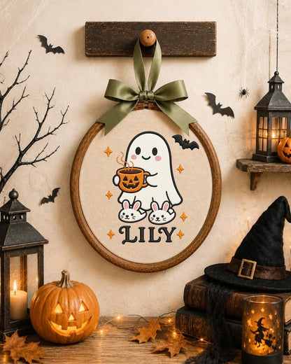 Personalized Halloween Ghost Embroidered Ornament, Custom Kids Name Hoop, Cute Ghost Halloween Decor, Trick or Treat Gift
