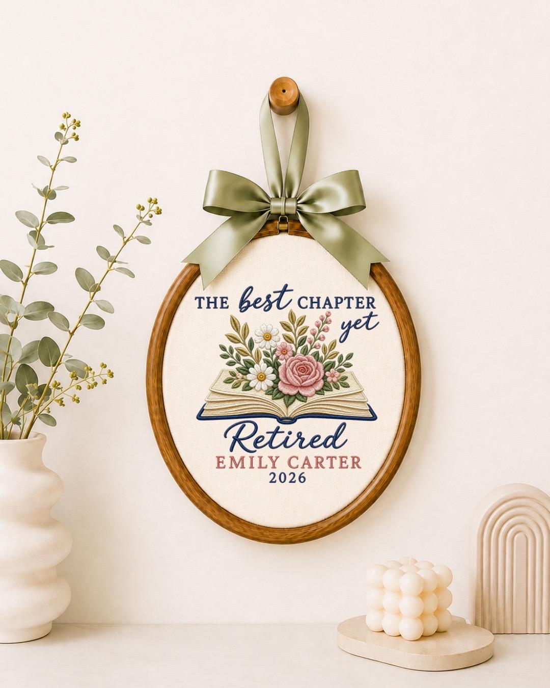 Personalized Retirement Embroidered Ornament, Custom Retired Teacher Gift, Floral Book Keepsake, Coworker Retirement Gift, Retirement Decor